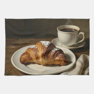 Golden Croissant Coffee Still Life Tea Towel
