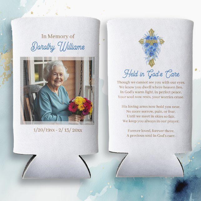 Golden Cross and Flowers Memorial Keepsake Seltzer Can Cooler (Creator Uploaded)