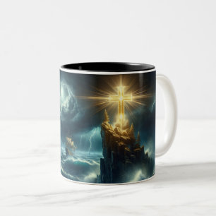 Golden Cross Guiding a Ship on a Stormy Sea Two-Tone Coffee Mug