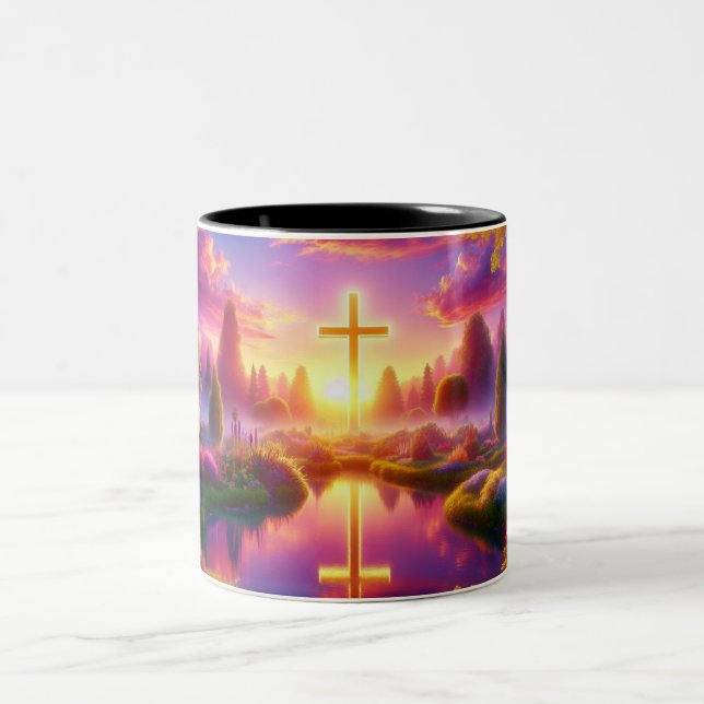Golden Cross in a Heavenly Tropical Garden  Two-Tone Coffee Mug (Center)