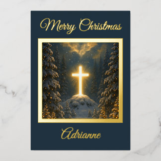 Golden Cross in a Winter Wonderland Foil Holiday Card
