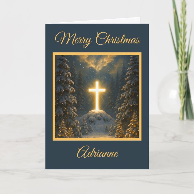 Golden Cross in a Winter Wonderland Holiday Card (Front)