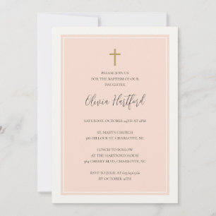 Golden cross minimalist peach girl baptism invitation