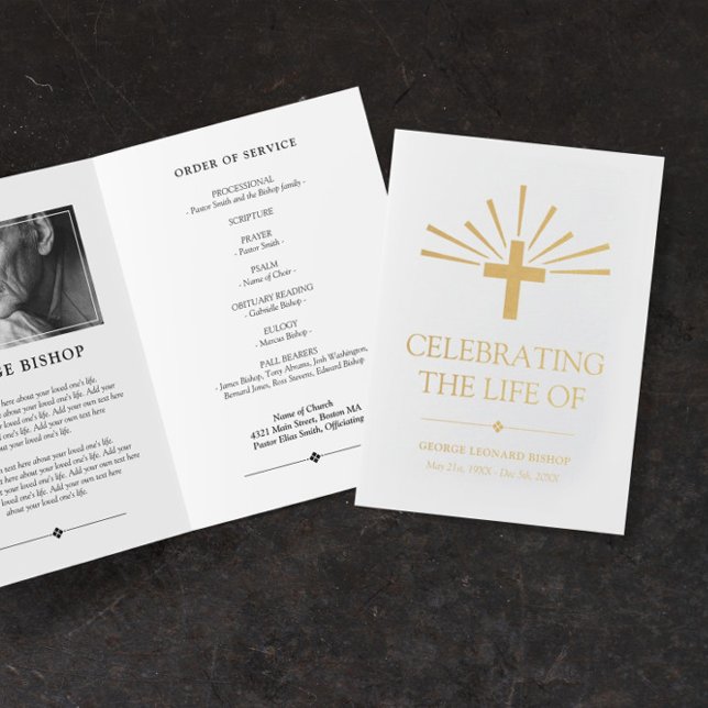 Golden Cross & Rays Elegant Funeral Program Foil Card (Creator Uploaded)