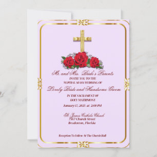 Golden Cross With Red Roses Catholic Invitation