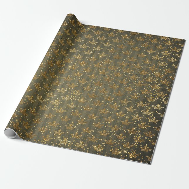 Golden Crown Confetti Royal Green Wrapping Paper (Unrolled)