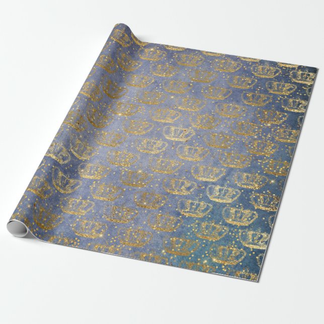 Golden Crown Confetti Royal Grey Blue Velvet Wrapping Paper (Unrolled)