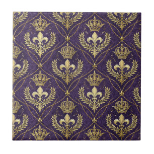 Golden Crown Fleur-de-lis Regal Purple Pattern Art Ceramic Tile