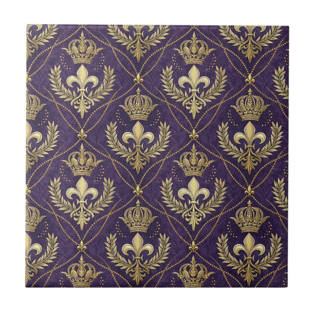 Golden Crown Fleur-de-lis Regal Purple Pattern Art Ceramic Tile (Front)