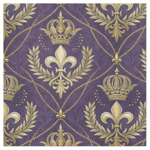 Golden Crown Fleur-de-lis Regal Purple Pattern Art Fabric