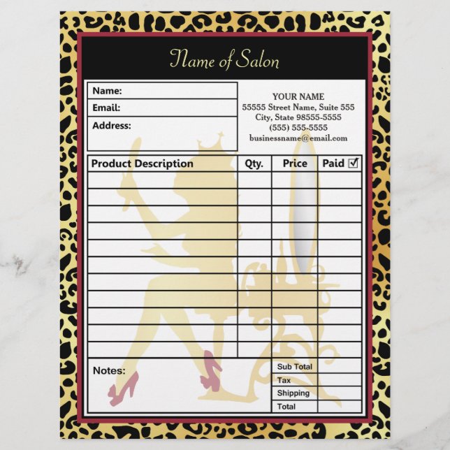 Golden Crown Leopard Print Hair Salon Order Form Letterhead Template (Front)
