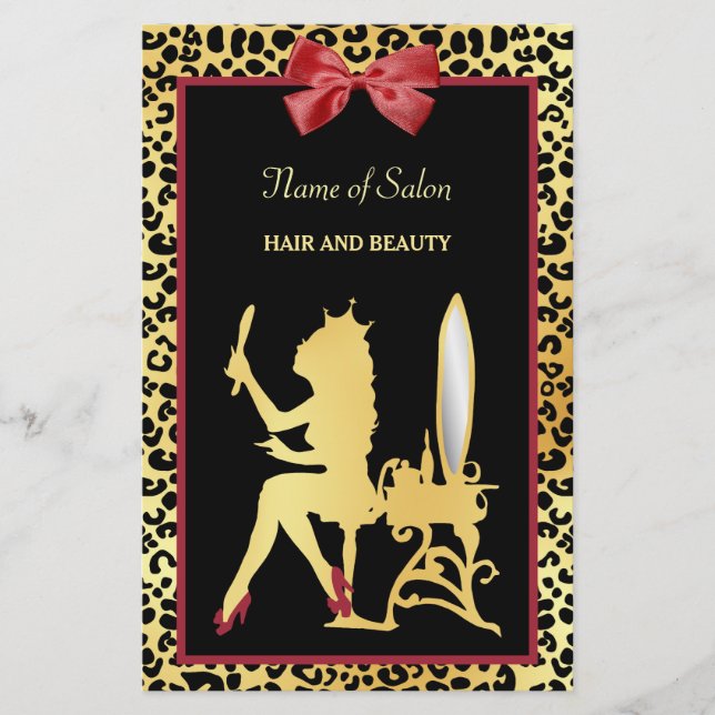 Golden Crown Leopard Red Bow Salon Grand Opening Flyer (Front)