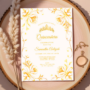 Golden Crown Luxury Gold Floral Quinceañera Invitation