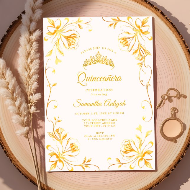 Golden Crown Luxury Gold Floral Quinceañera Invitation (Creator Uploaded)