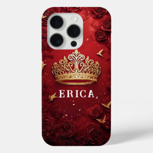 Golden Crown on Red Background Surrounded by Roses iPhone 15 Pro Case