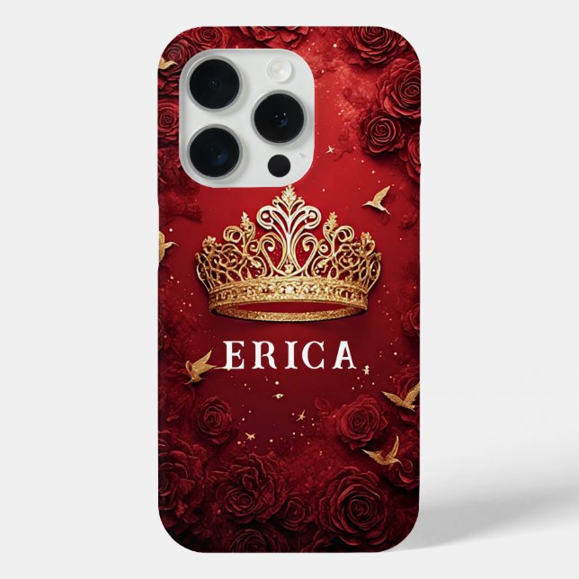 Golden Crown on Red Background Surrounded by Roses Case-Mate iPhone Case (Back)