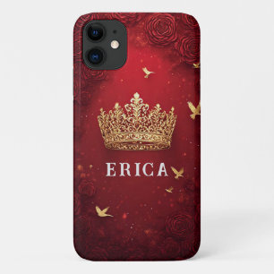 Golden Crown on Red Background Surrounded by Roses iPhone 11 Case