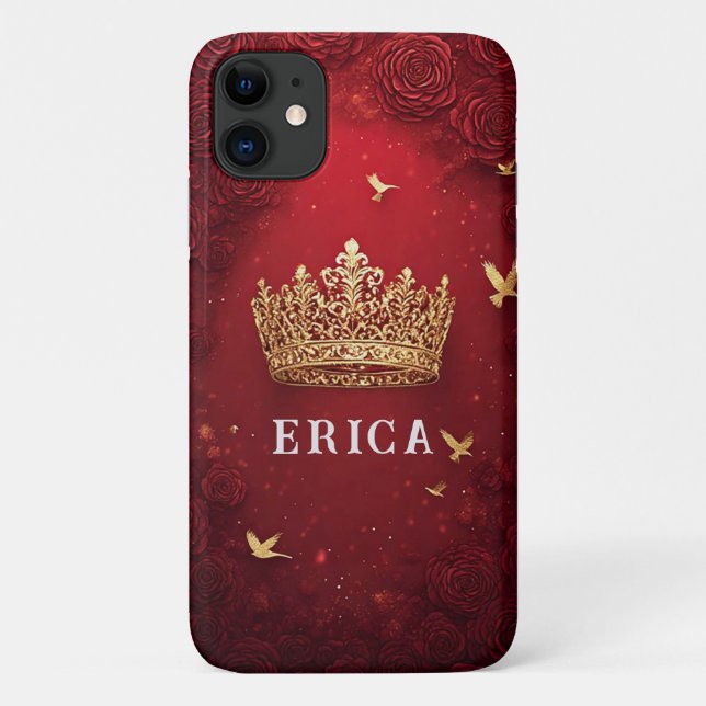 Golden Crown on Red Background Surrounded by Roses Case-Mate iPhone Case (Back)