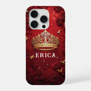 Golden Crown on Red Background Surrounded by Roses iPhone 15 Pro Case