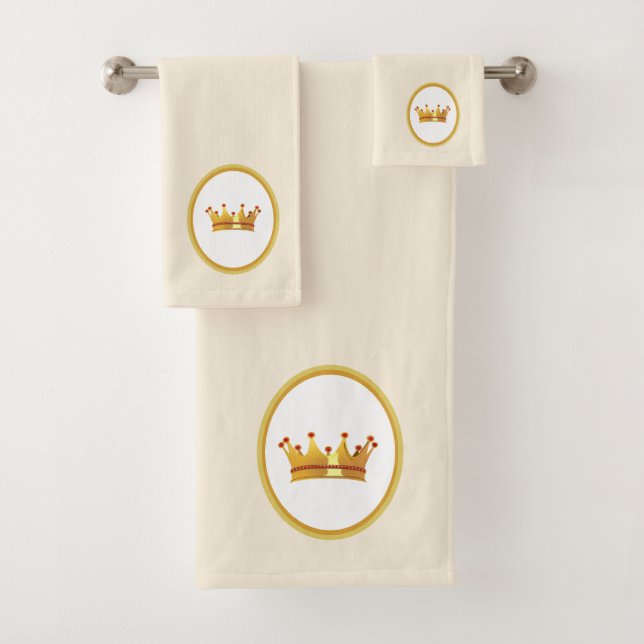 Golden crown on sand beige bath towel set (Insitu)