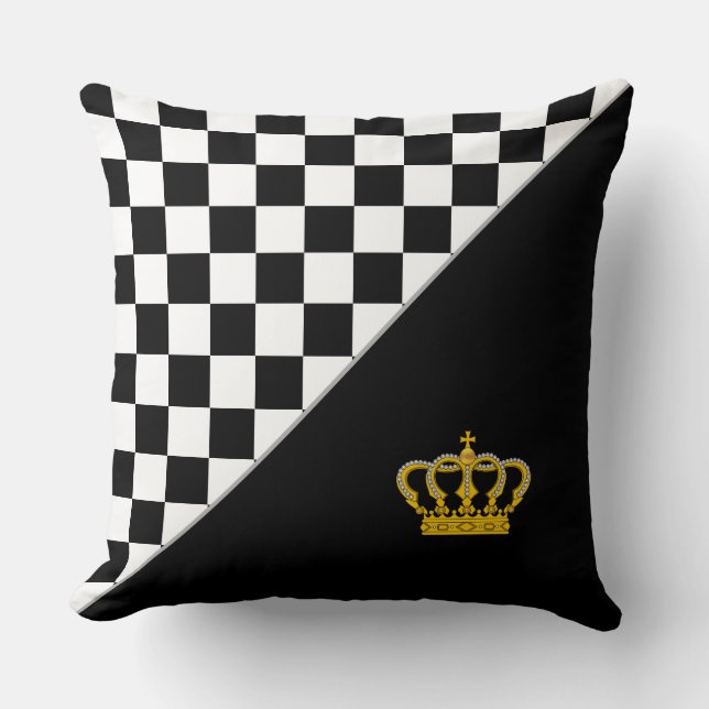Golden Crown on Stylish Black & White  Chess Cushion (Front)