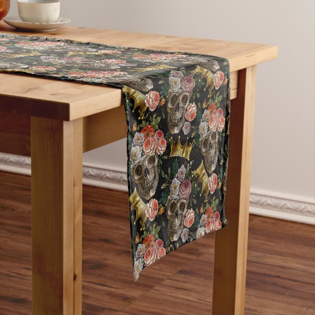 Golden Crown Skull Red Roses Gothic Halloween Medium Table Runner (In Situ)