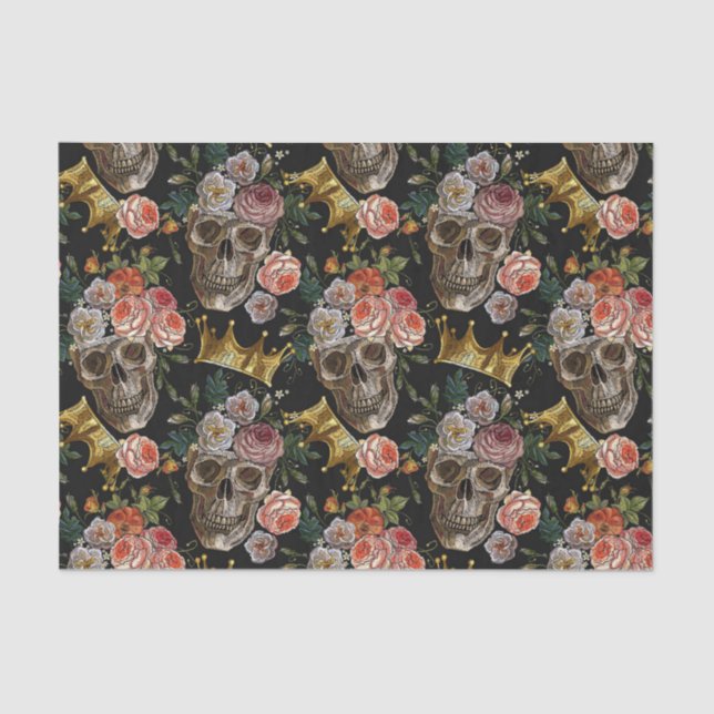 Golden Crown Skull Red Roses Gothic Halloween Tissue Paper (Front)
