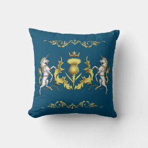 Golden Crowned Scottish Thistle in Blue Cushion