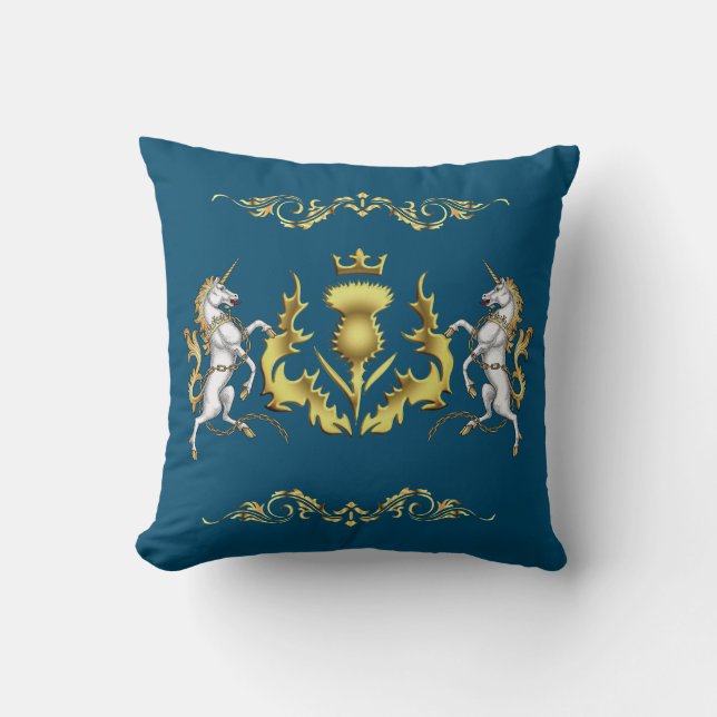 Golden Crowned Scottish Thistle in Blue Cushion (Front)
