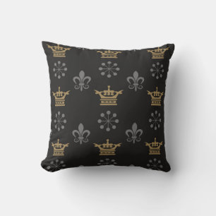 Golden Crowns On Black Wallpaper, seamless pattern Cushion