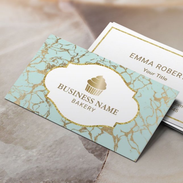 Golden Cupcake Bakery Mint & Gold Marble Business Card (Creator Uploaded)