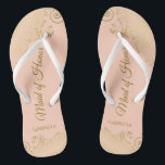 Golden Curls on Coral Peach Maid of Honour Wedding Thongs<br><div class="desc">These beautiful wedding flip flops are a great way to thank and recognise your Maid of Honour while saving her feet at the same time. Features an elegant design with frilly golden curls and swirls on a pale orange or coral peach coloured background and fancy gold coloured script lettering. The...</div>