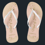 Golden Curls on Coral Peach Maid of Honour Wedding Thongs<br><div class="desc">These beautiful wedding flip flops are a great way to thank and recognise your Maid of Honour while saving her feet at the same time. Features an elegant design with frilly golden curls and swirls on a pale orange or coral peach coloured background and fancy gold coloured script lettering. The...</div>