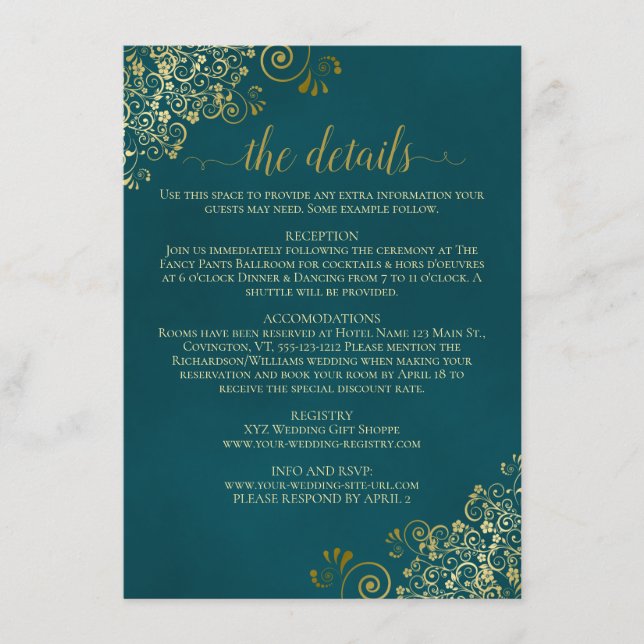 Golden Curls & Swirls on Dark Teal Wedding Details Enclosure Card (Front)