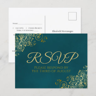 Golden Curls & Swirls on Teal Wedding RSVP Postcard