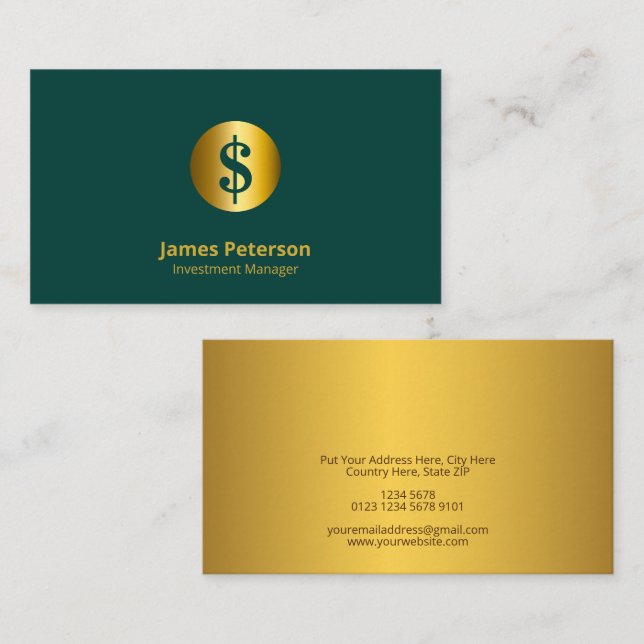 Golden Currency Symbol | Elegant Green Tosca Business Card (Front/Back)