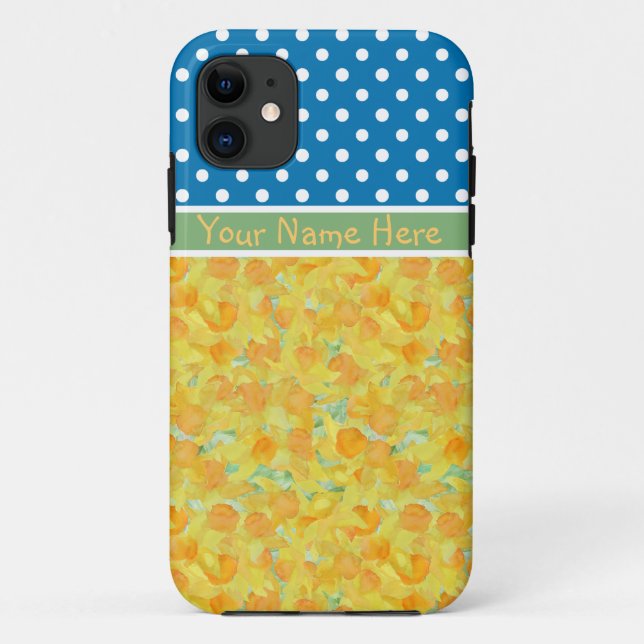 Golden Daffodils and Blue Polka Dots Case-Mate iPhone Case (Back)