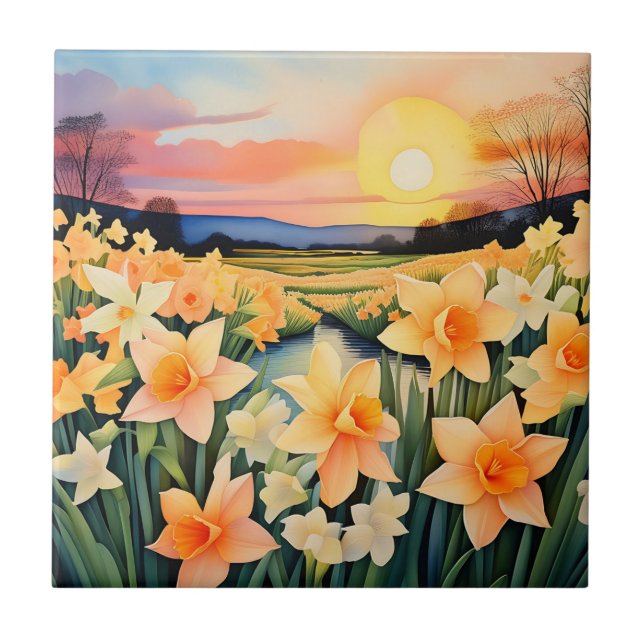 Golden Daffodils At Sunset In A Tranquil Meadow Ceramic Tile (Front)