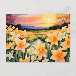 Golden Daffodils At Sunset In A Tranquil Meadow Postcard