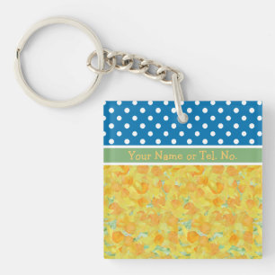 Golden Daffodils teamed with Blue White Polka Dots Key Ring