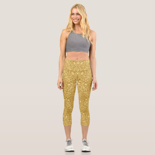 Golden Damask Baroque Floral Pattern Capri Leggings