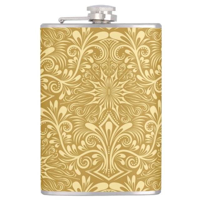 Golden Damask Baroque Floral Pattern Hip Flask (Front)