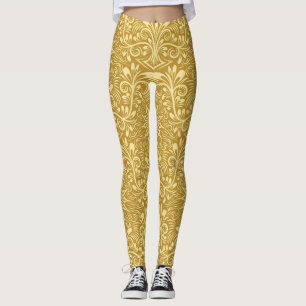 Golden Damask Baroque Floral Pattern Leggings
