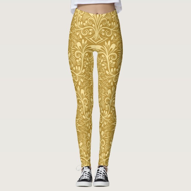 Golden Damask Baroque Floral Pattern Leggings (Front)