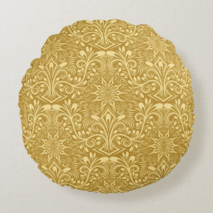 Golden Damask Baroque Floral Pattern Round Cushion