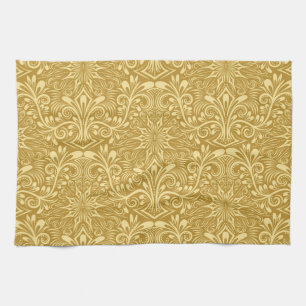 Golden Damask Baroque Floral Pattern Tea Towel