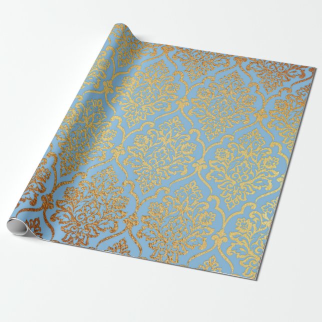 Golden Damask Blue Sky Royal Geometric Vip Wrapping Paper (Unrolled)