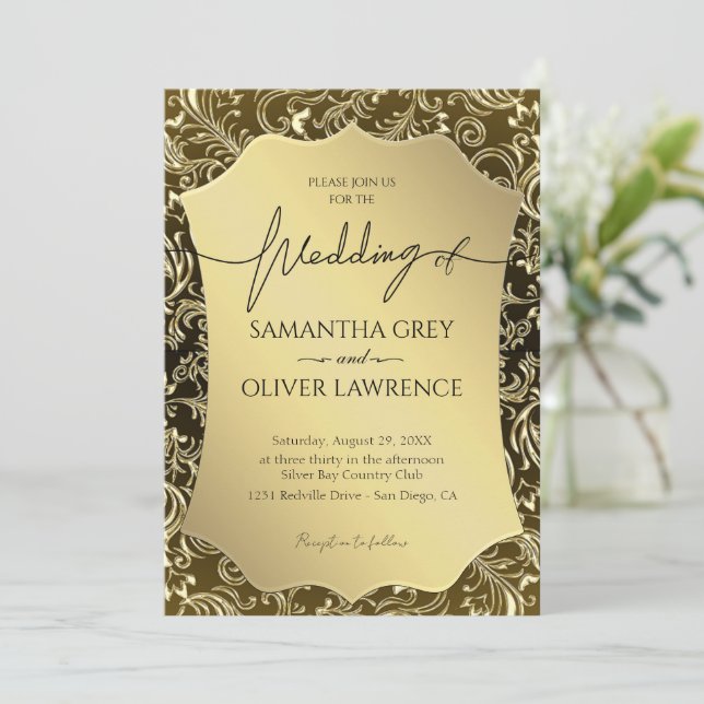 Golden Damask Elegance Wedding Invitation (Standing Front)