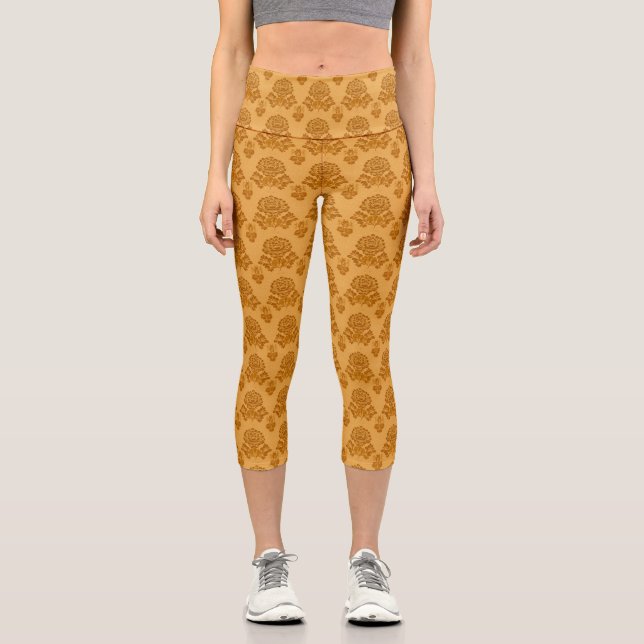 Golden Damask Floral Pattern Capri Leggings (Front)