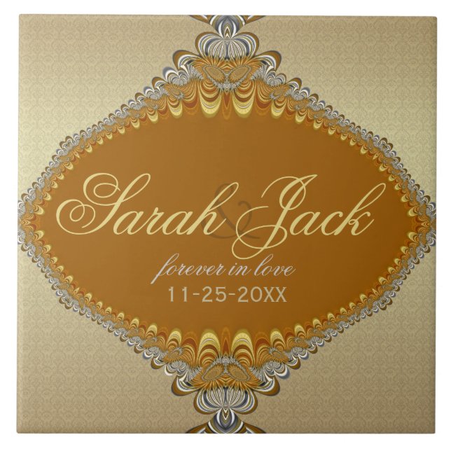 Golden Damask Fractal Lace Wedding Keepsake Ceramic Tile (Front)